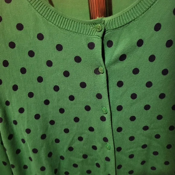 Ellen Tracy Kelly Green & Navy Polka Dot Cardigan Sweater Size Large - Picture 5 of 5